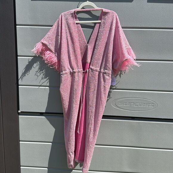 Pink Glitter Kaftan with Feather Trim - BRAND NEW - One Size - Glitter Cover Up - Picture 4 of 4